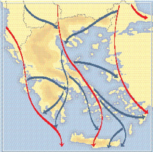 Χάρτης με τους διαδρόμους που ακολουθούν τα αποδημητικά πουλιά πάνω από τον ελλαδικό χώρο. Με κόκκινο σημειώνονται οι τρεις κύριοι διάδρομοι και με μπλε οι δευτερεύοντες (πηγή,: Handrinos,1984).