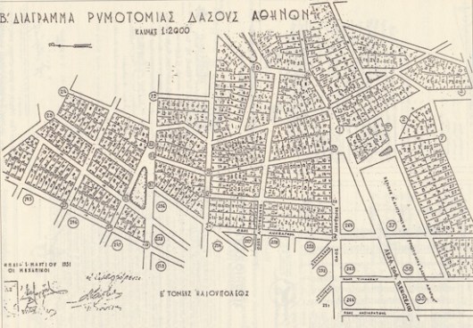 Δάση έτοιμα προς οικοδόμηση μετά την Κατοχή (το παρόν σχέδιο ρυμοτόμησης αφορά στο «Δάσος των Αθηνών», στην Ηλιούπολη το 1952).