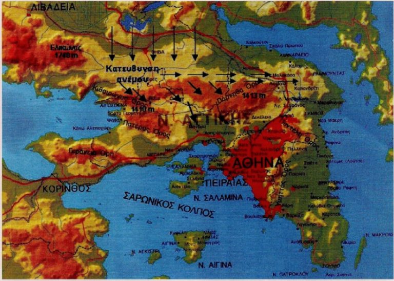 Εικόνα 1: Η κατεύθυνση της Πάρνηθας, του Κιθαιρώνα και του Ελικώνα από Ανατολικά προς Δυτικά, συμβάλλει συχνά στην εκδήλωση έντονων βροχοπτώσεων, χιονοπτώσεων και πυκνής ομίχλης, τόσο στις βόρειες πλαγιές τους όσο και στην περιοχή της Μαλακάσας.