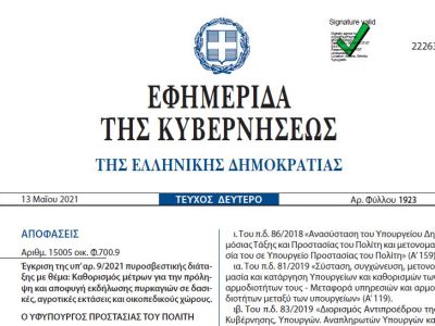 ΦΕΚ: Καθορισμός μέτρων για την πρόληψη και αποφυγή εκδήλωσης πυρκαγιών σε δασικές, αγροτικές εκτάσεις και οικοπεδικούς χώρους