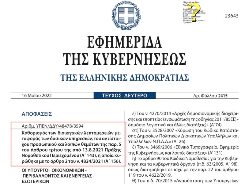 ΦΕΚ – ΚYA: Kαθορισμός των διοικητικών λεπτομερειών μεταφοράς των δασικών υπηρεσιών