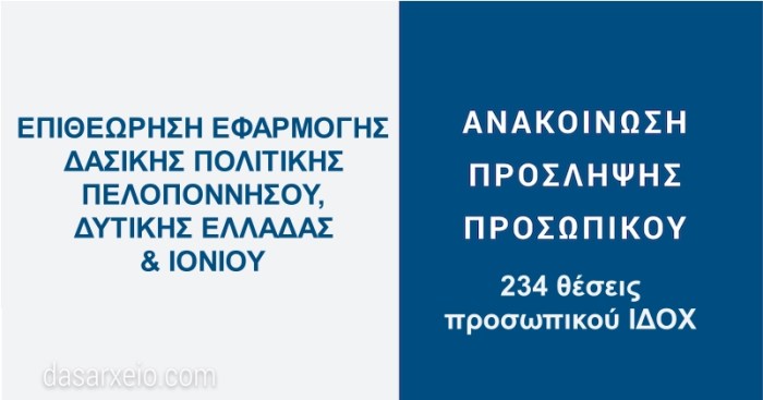 Ανακοίνωση πρόσληψης προσωπικού (234 θέσεις) σε Δασικές Υπηρεσίες της Ε.Ε.Δ.Π. Πελοποννήσου, Δυτικής Ελλάδας και Ιονίου